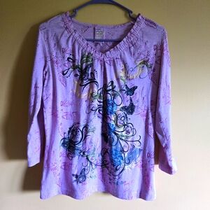 Pure. Simple. Natural. Floral Butterfly Print V-neck Top, S (runs big)